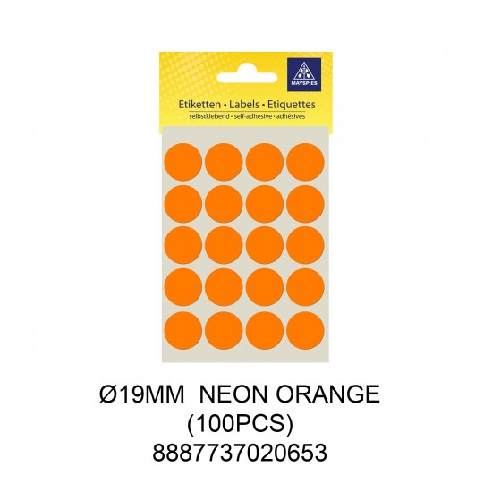 MAYSPIES MS019 COLOUR DOT LABEL / 5 SHEETS/PKT / 100PCS / ROUND 19MM NEON ORANGE